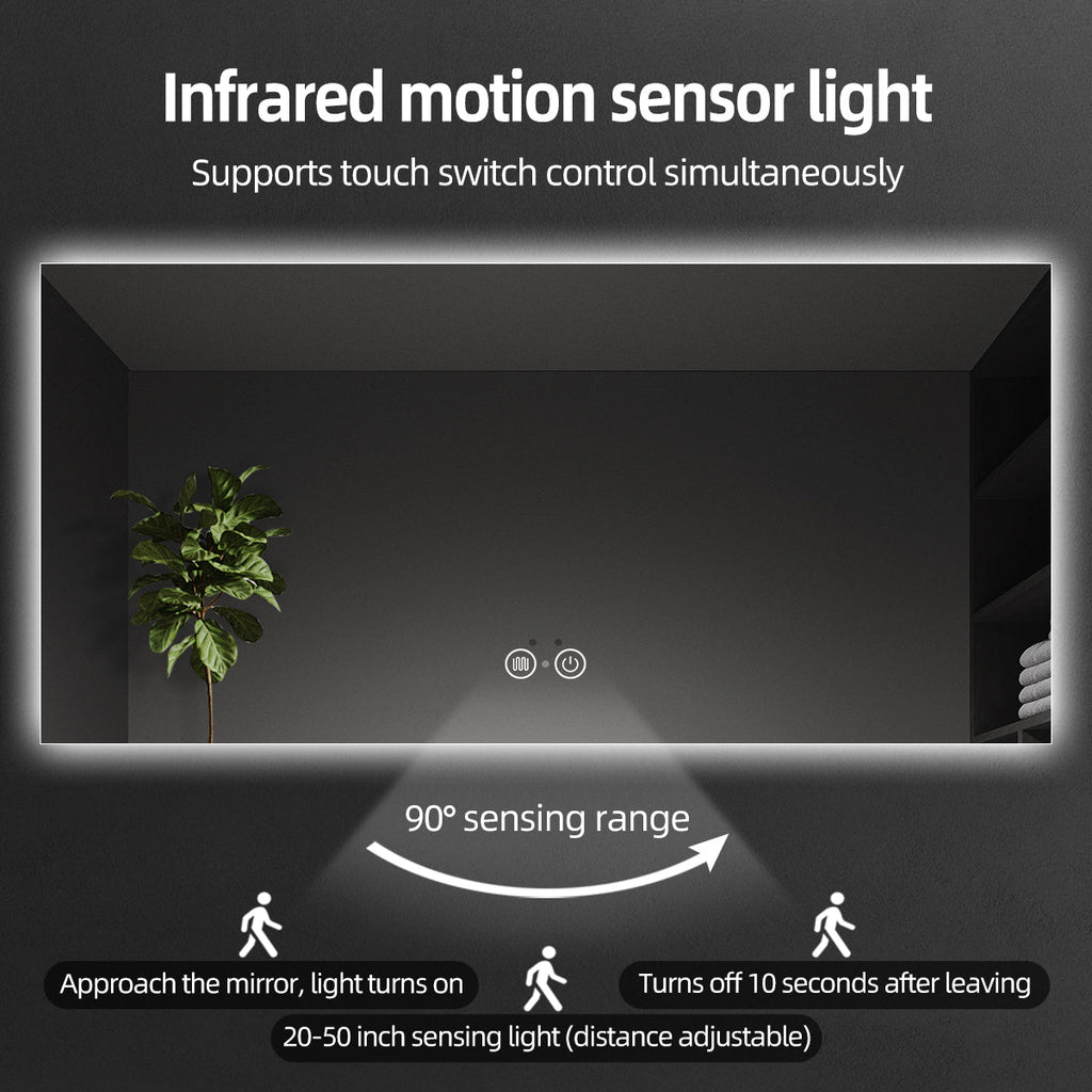Nolsia infrared-sensor backlit mirror, manufacturer feature diagram 1; illustrative of this product family
