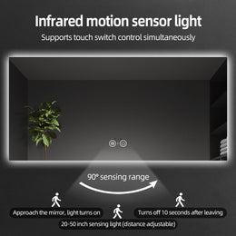 Nolsia infrared-sensor backlit mirror, manufacturer feature diagram 1; illustrative of this product family