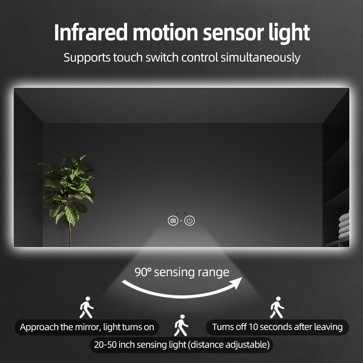 Nolsia infrared-sensor backlit mirror, manufacturer feature diagram 1; illustrative of this product family