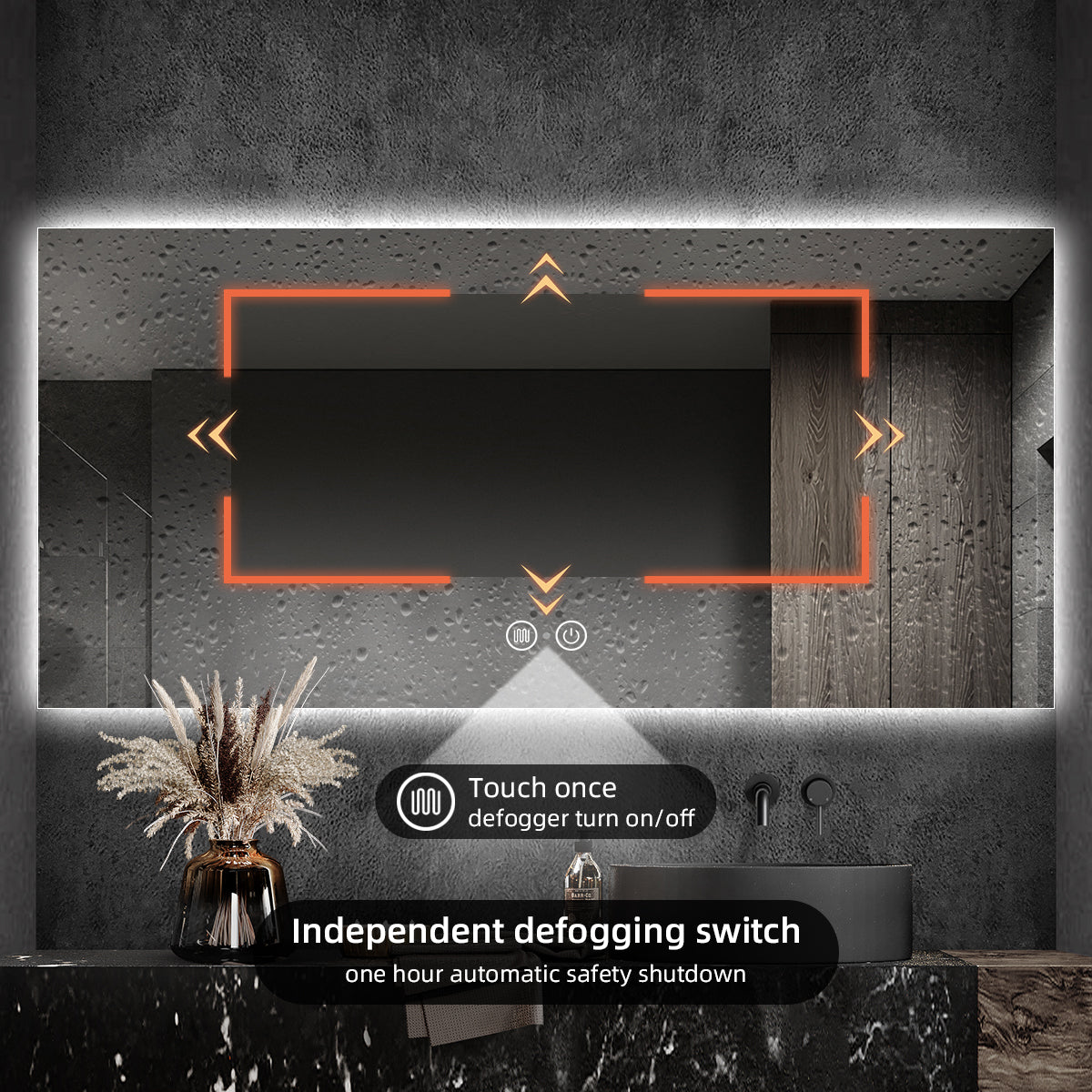 Nolsia infrared-sensor backlit mirror, manufacturer feature diagram 3; illustrative of this product family