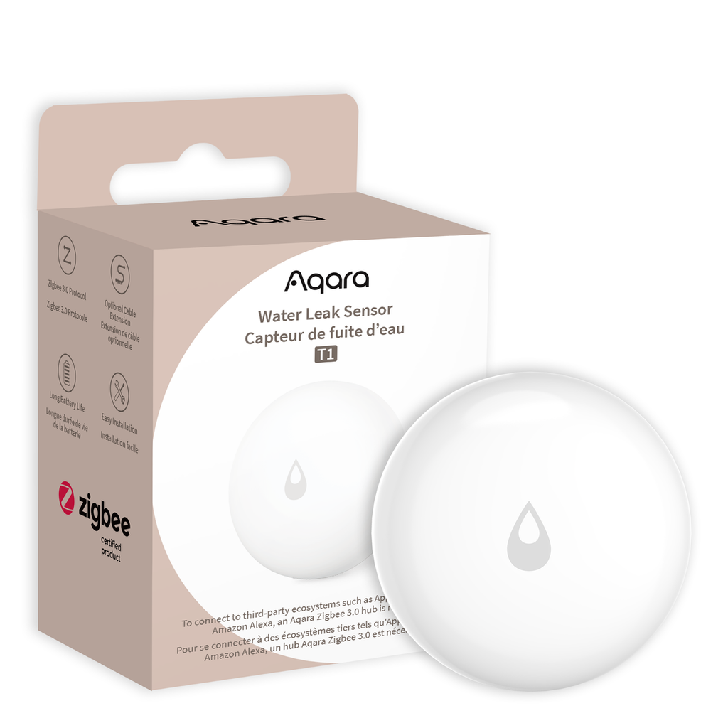 Aqara Water Leak Sensor T1 and retail package, source Wellbots