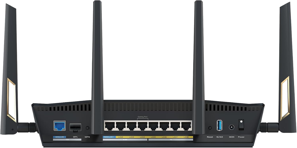ASUS RT-BE88U rear panel with 10G, SFP+, 2.5G, Gigabit LAN and USB ports