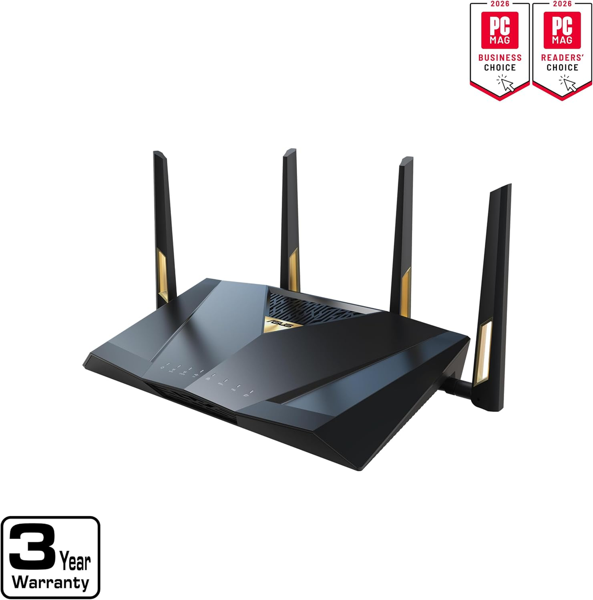 ASUS RT-BE88U router – three-year warranty and promotional award badges