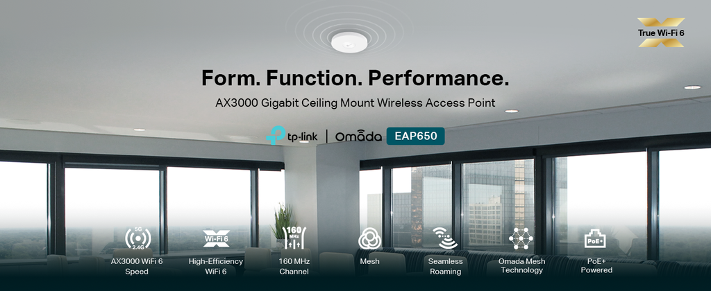 TP-Link EAP650 manufacturer scene showing ceiling installed access point