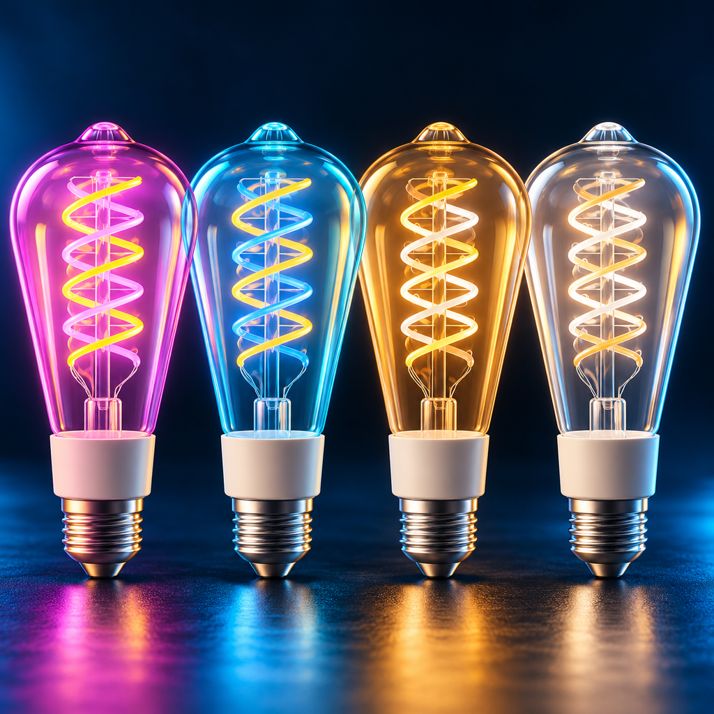 Four Govee ST19 E26 smart Edison bulbs with spiral filaments — edited product visualization