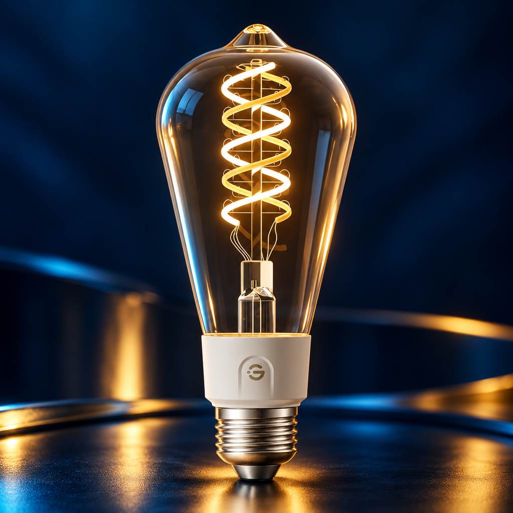 Govee ST19 clear glass spiral-filament bulb, warm light — edited detail visualization