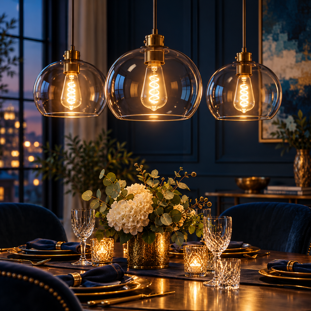 Govee Edison bulbs in warm dining-room pendant fixtures — edited lifestyle visualization
