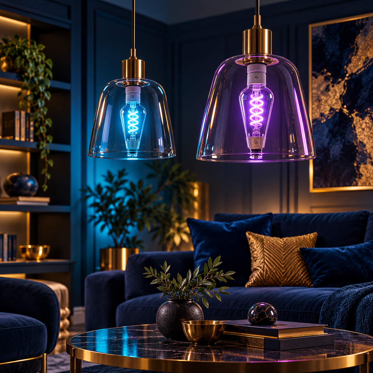 Govee ST19 colored spiral-filament bulbs in pendant fixtures — edited lifestyle visualization