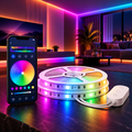 Illustrative concept for Govee RGBIC 100ft strip lights, product reels, controller and smart app. Not a manufacturer photo.