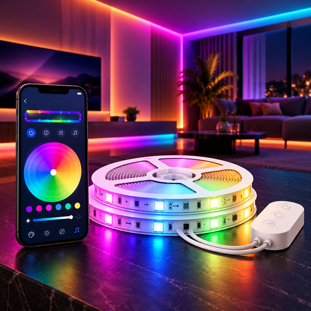 Illustrative concept for Govee RGBIC 100ft strip lights, product reels, controller and smart app. Not a manufacturer photo.