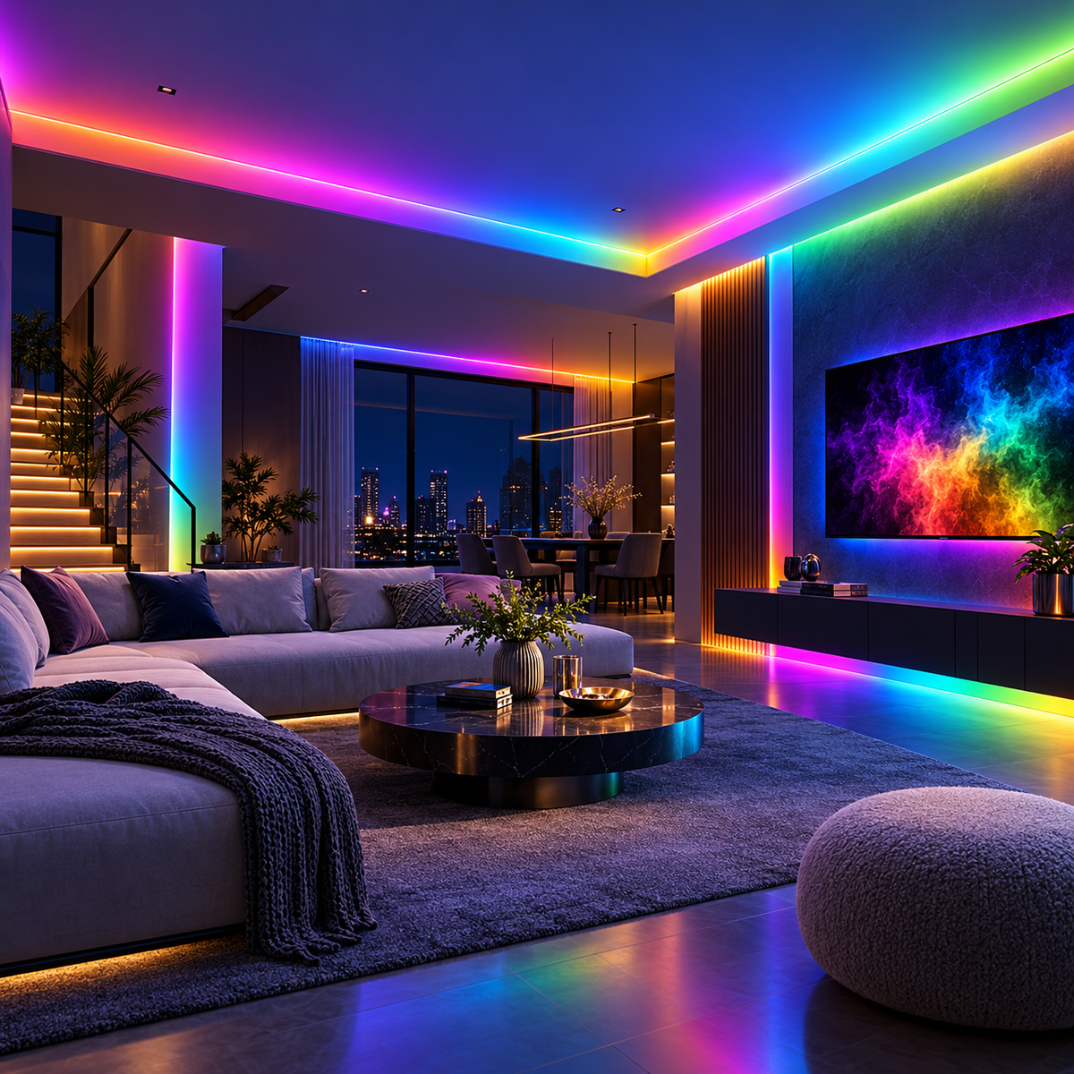 Illustrative ROSITA HABITAT upscale living room RGBIC strip lighting concept.