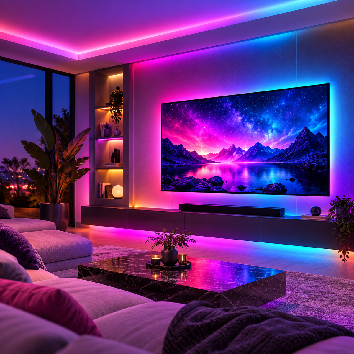 Illustrative RGBIC entertainment area lighting concept by ROSITA HABITAT.