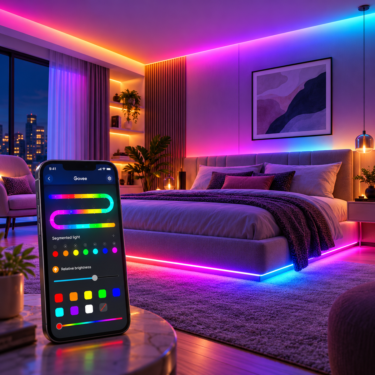 Illustrative RGBIC bedroom and app-control interface concept by ROSITA HABITAT.