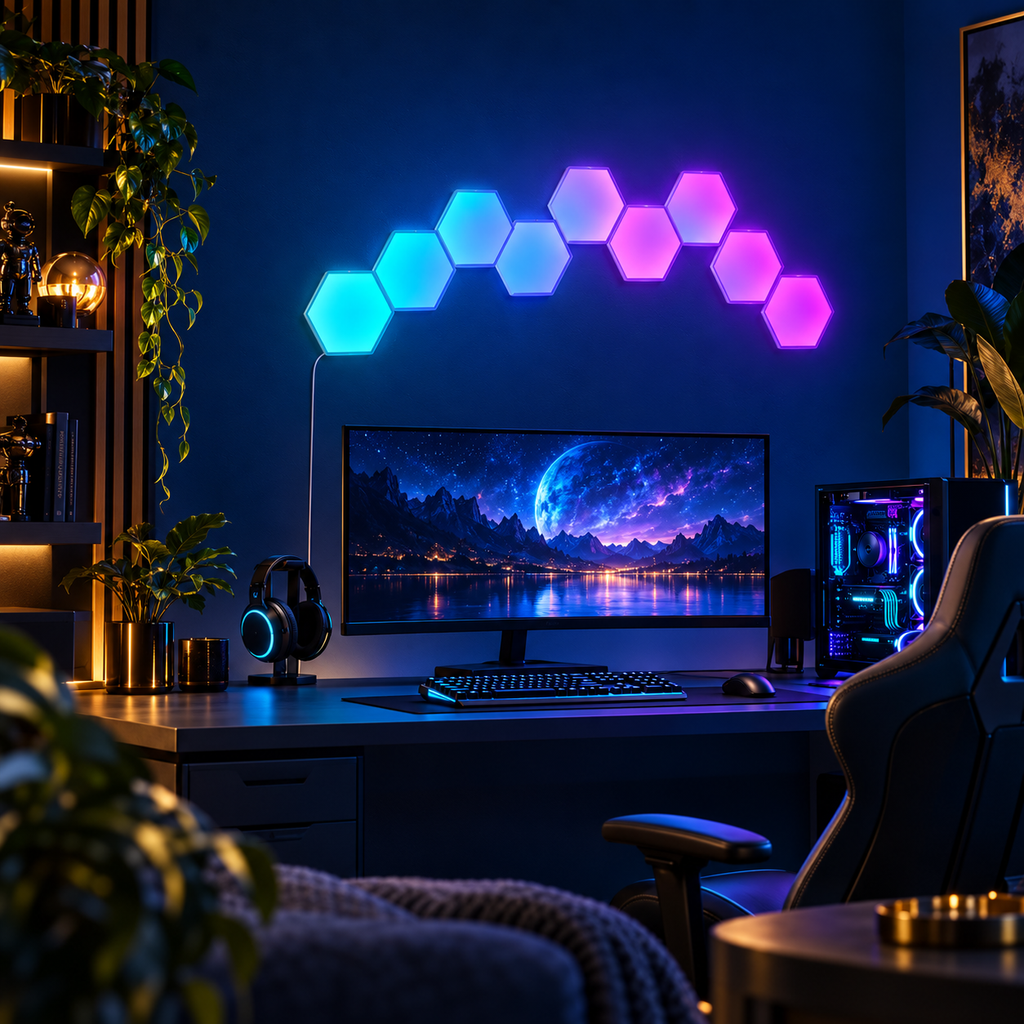 Govee Glide Hexa panels in a gaming-room example layout — edited lifestyle visualization