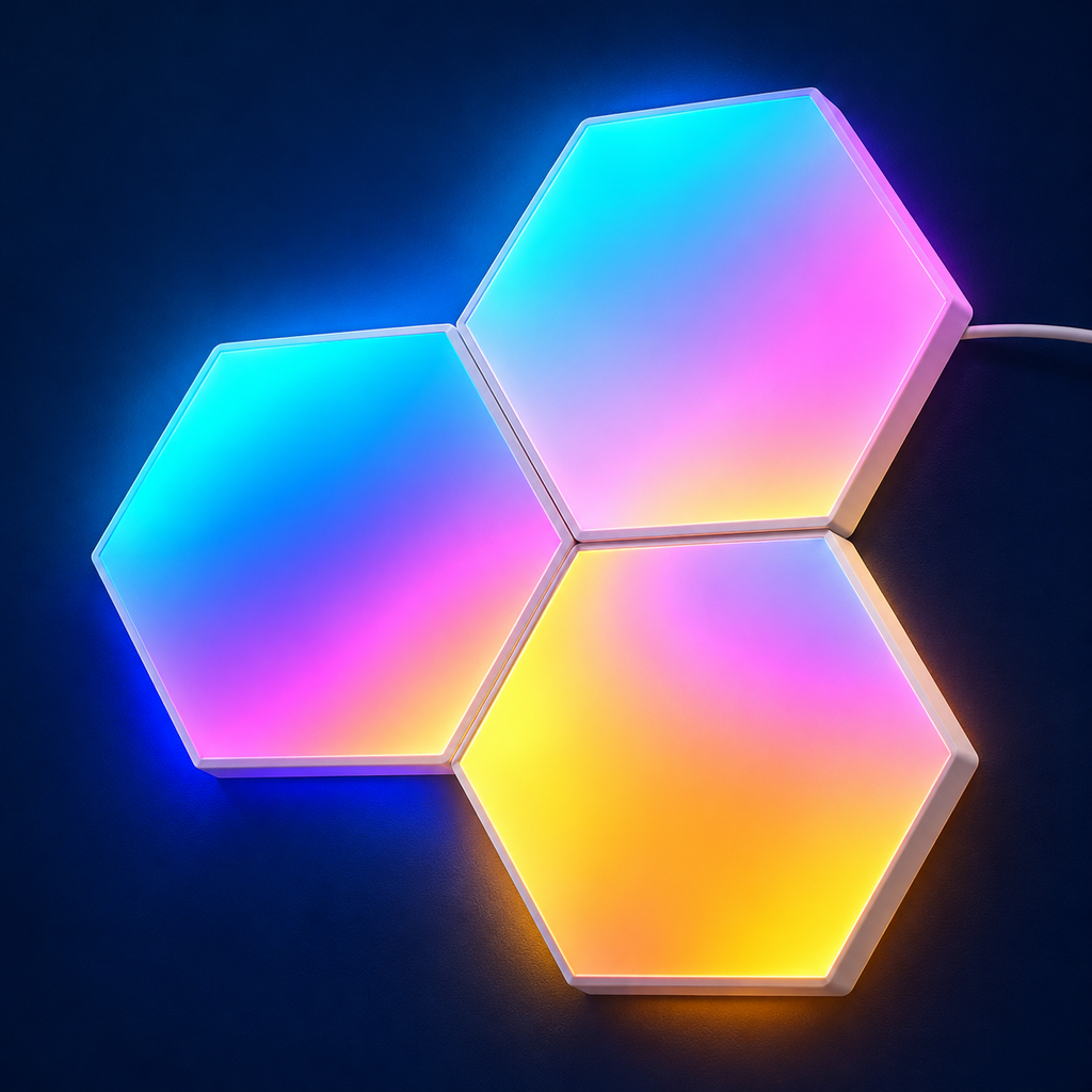 Close-up of three Govee Glide Hexa RGBIC panels — edited detail visualization