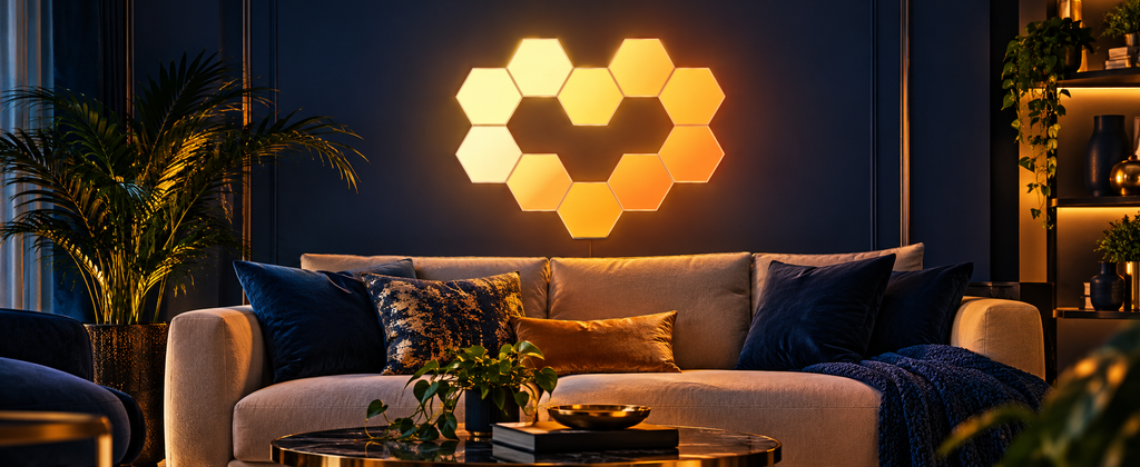 Govee Glide Hexa panels in a warm living-room example layout — edited lifestyle visualization