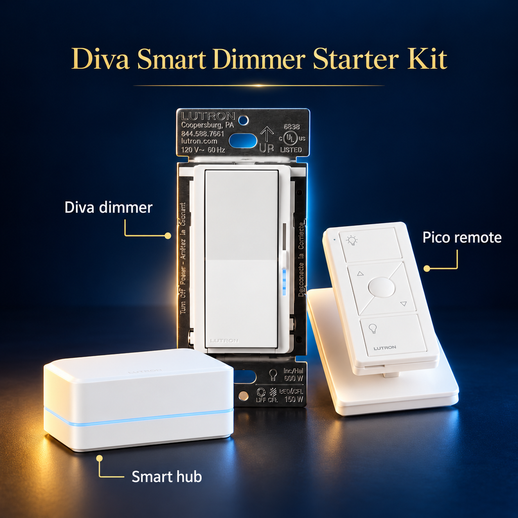 Starter kit contents: Diva dimmer, Pico remote and smart hub — edited product illustration
