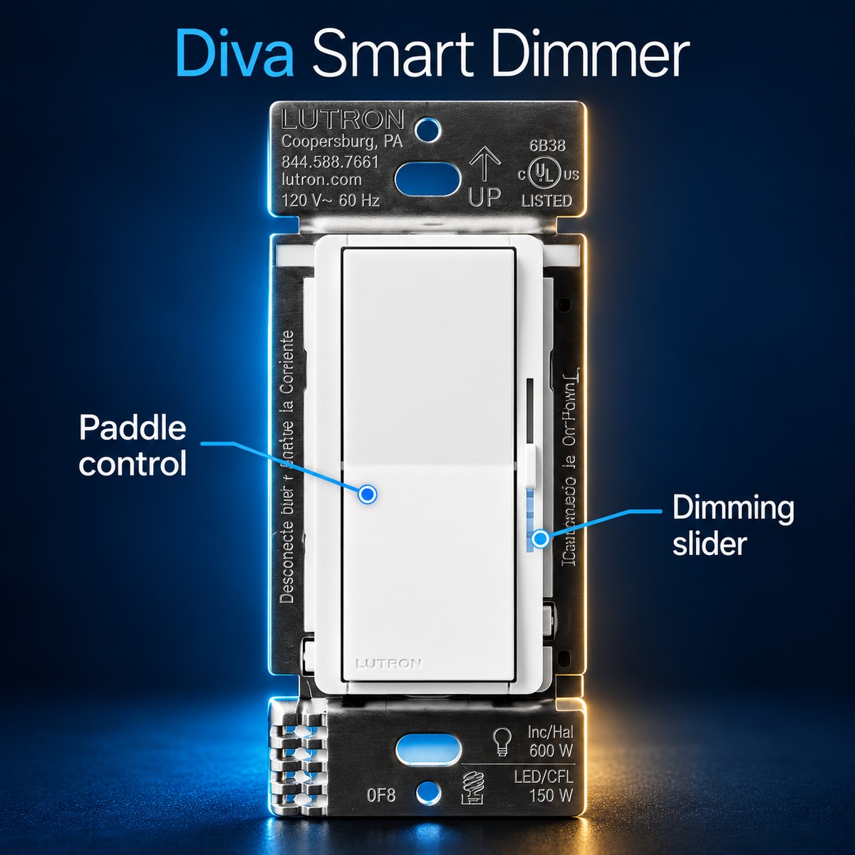 Diva smart dimmer: paddle control and dimming slider — edited product illustration