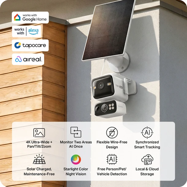 Tapo C675D Kit shown installed outside with solar panel