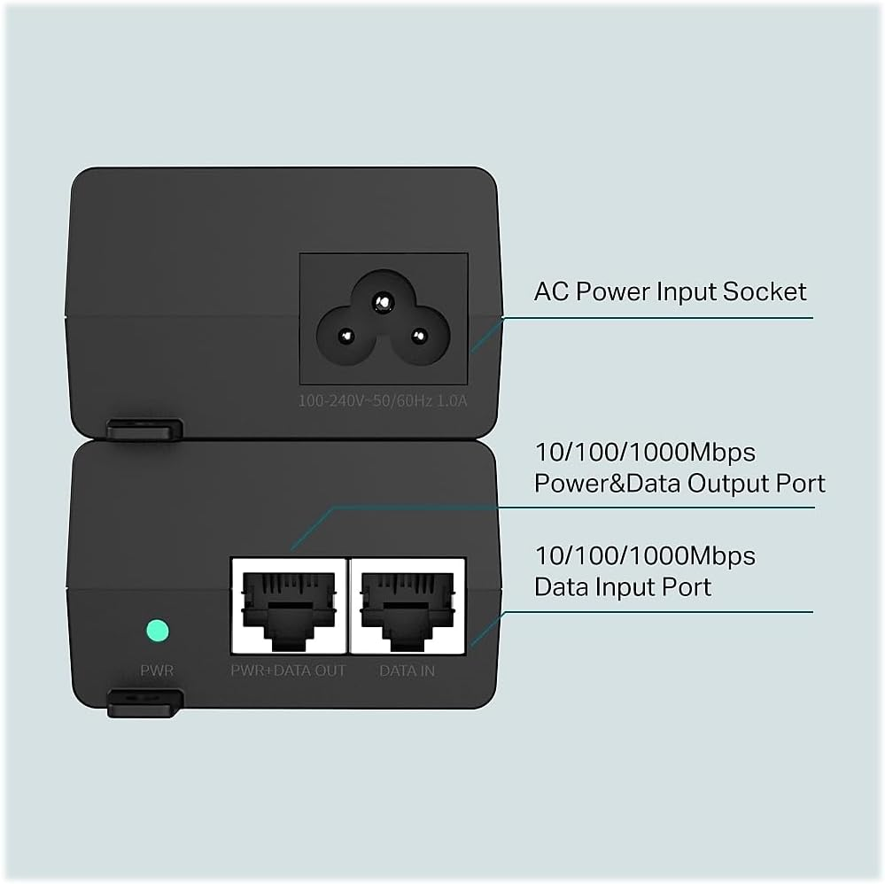 TP-Link TL-POE160S RJ45 Data In, Power plus Data Out and AC socket diagram
