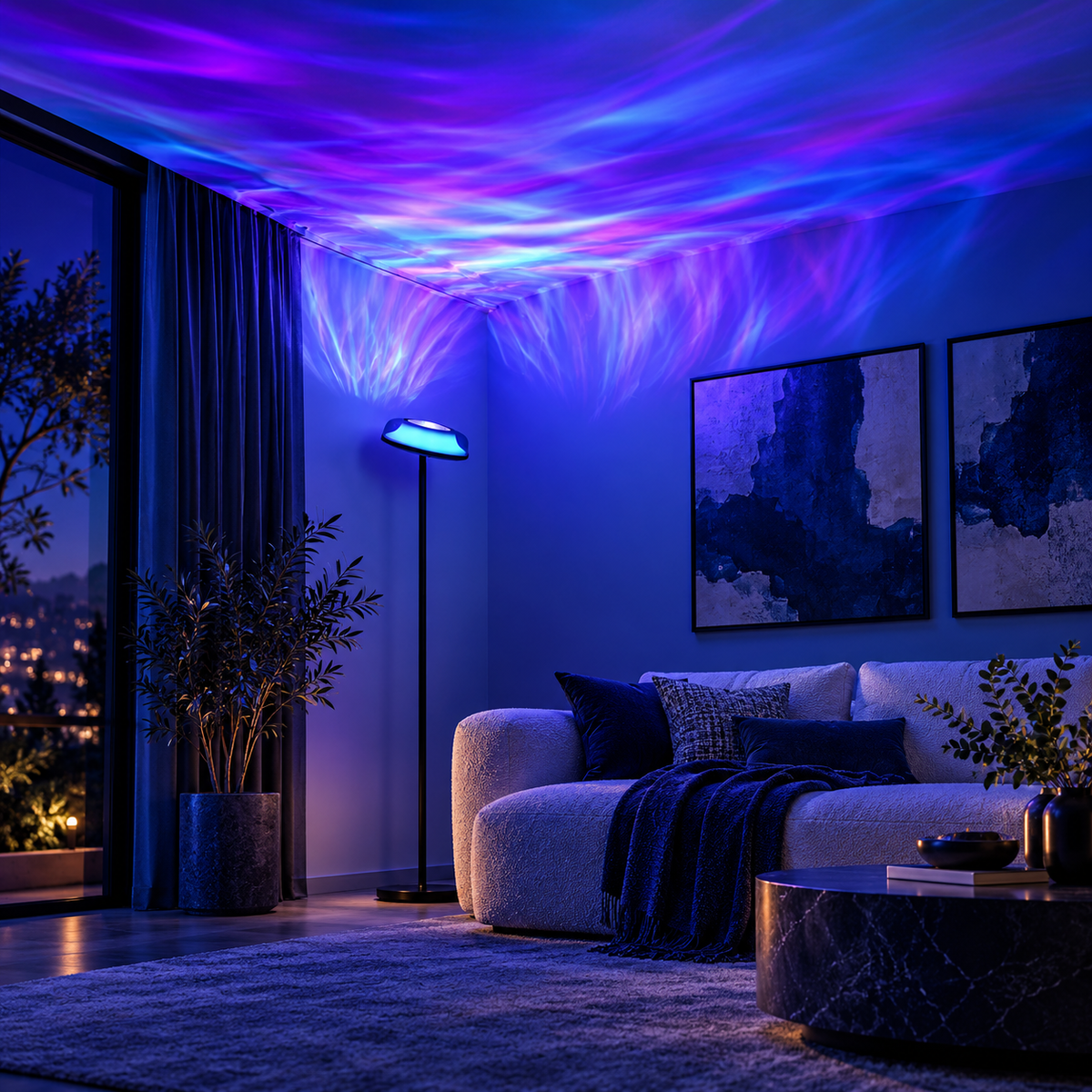 Govee Uplighter colorful living room lighting — edited lifestyle visualization